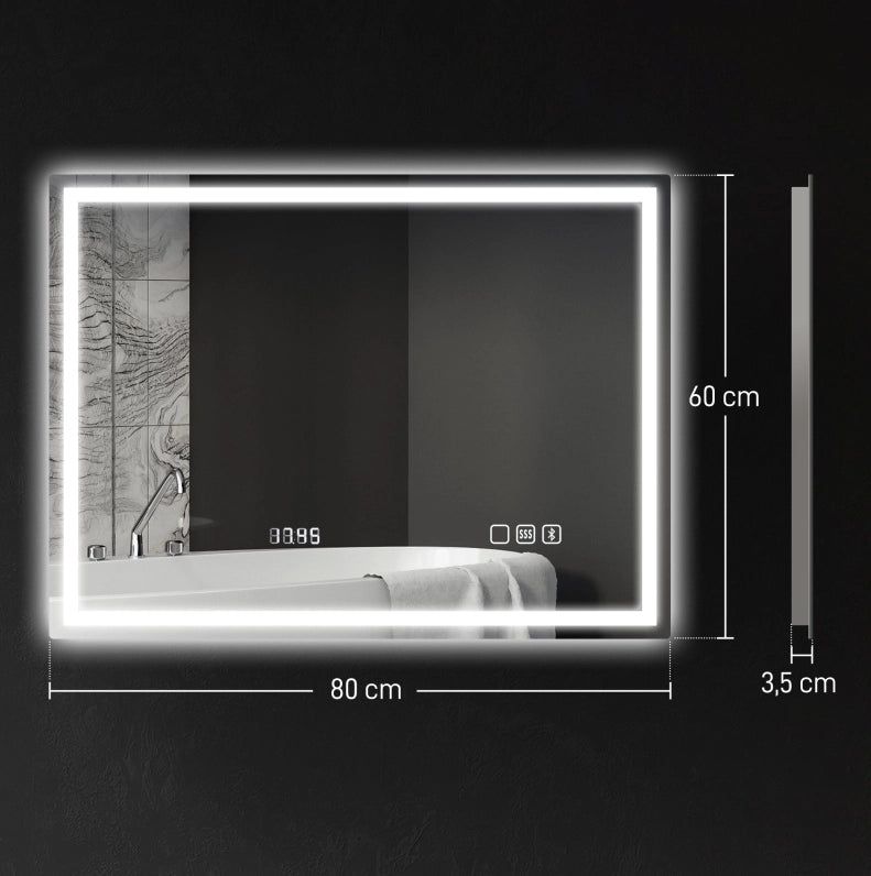 Specchio da bagno LED 80x60 cm con Bluetooth, funzione orologio, 3 colori luce, antiappannamento, argento