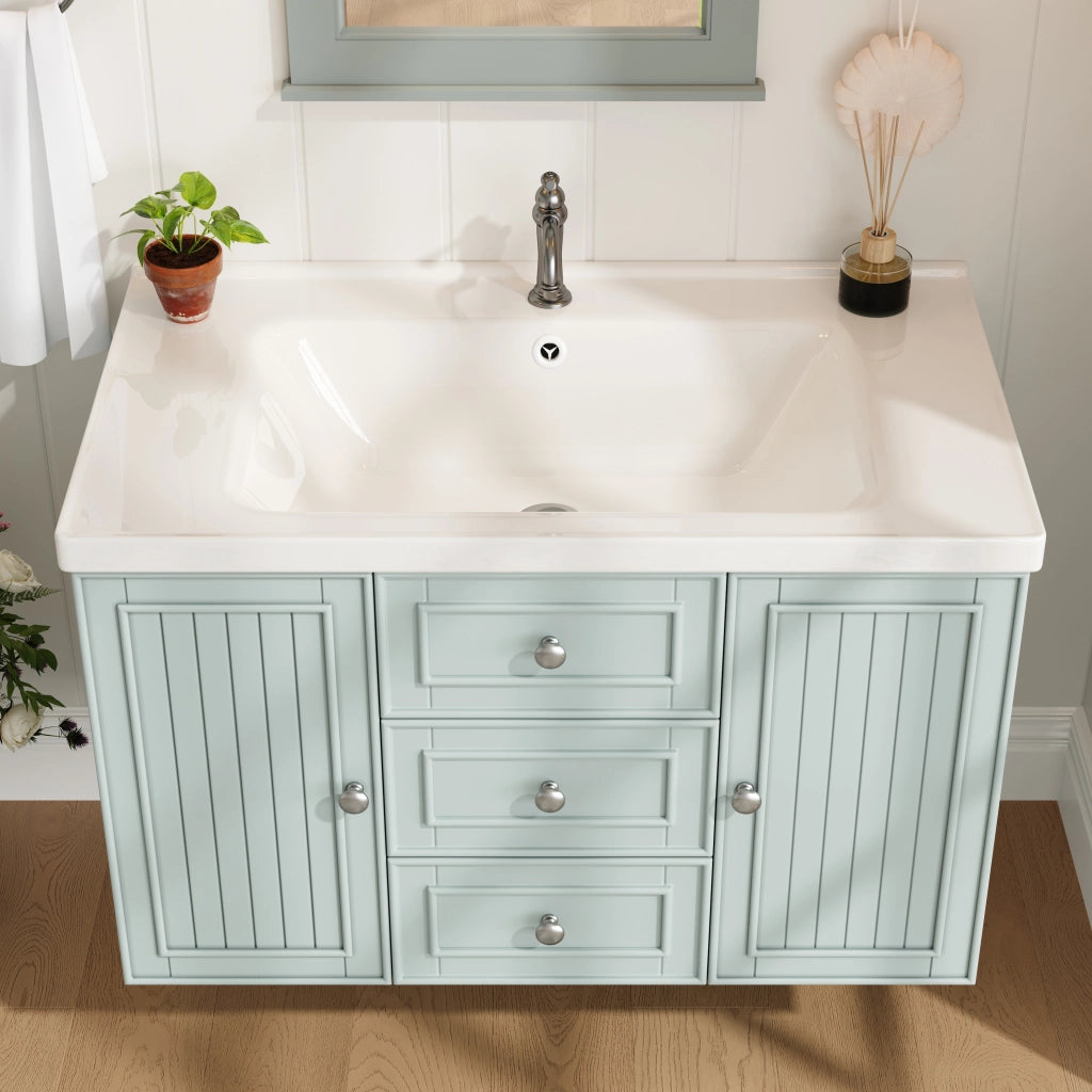 Mobiletto con lavabo sospeso in MDF verde con lavabo in ceramica e vano laterale 78.5 × 46 × 46.8 cm