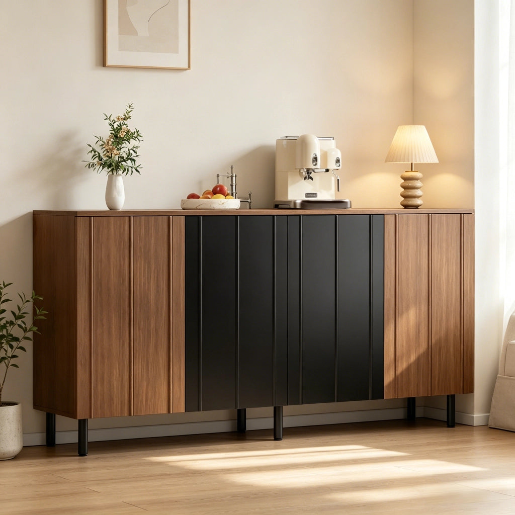 Credenza Cucina 160 cm Mobile Buffet 4 Ante Sideboard Noce e Nero