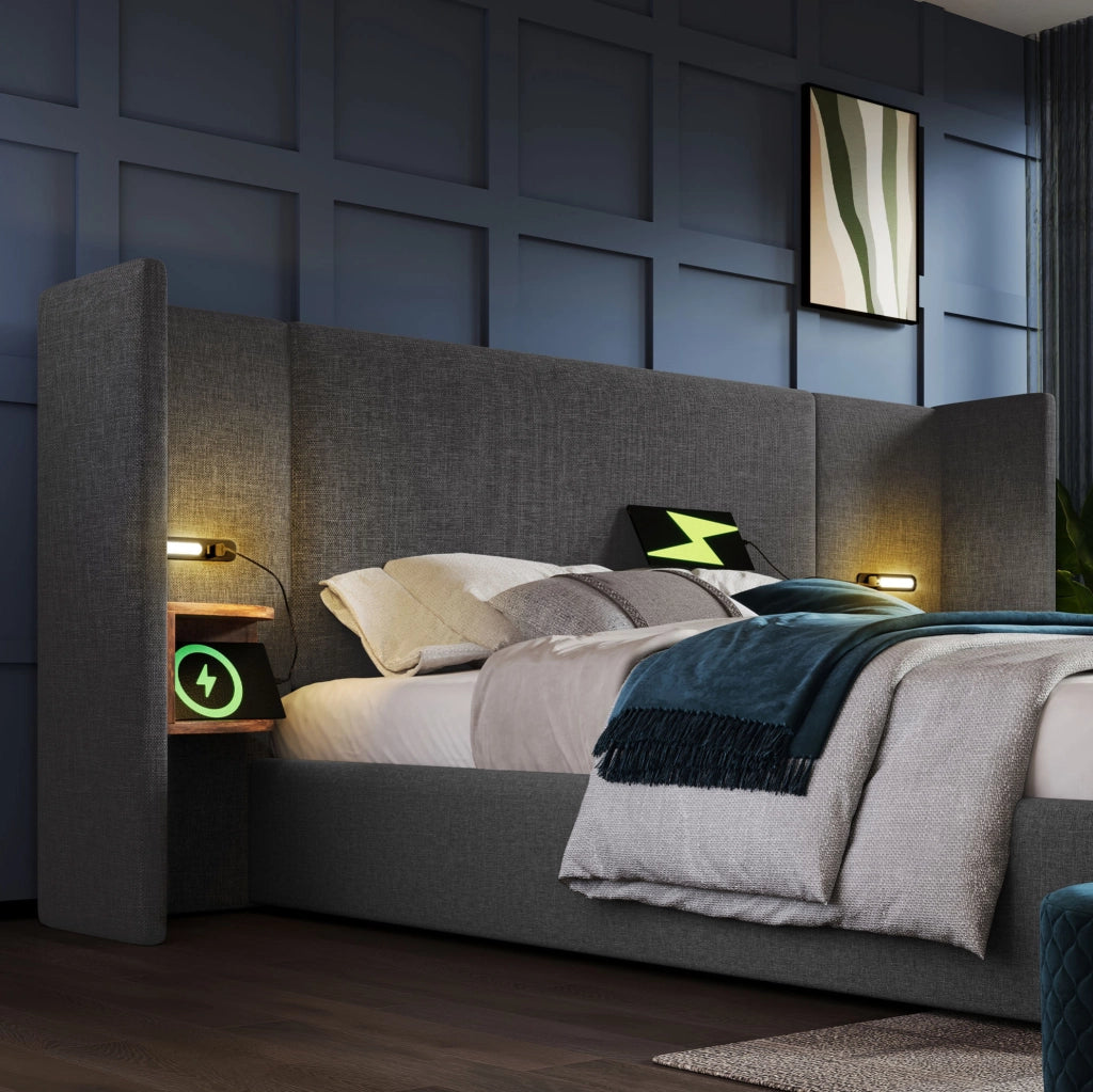 Letto imbottito 160x200 cm grigio con vano contenitore, luce LED, USB e Type-C