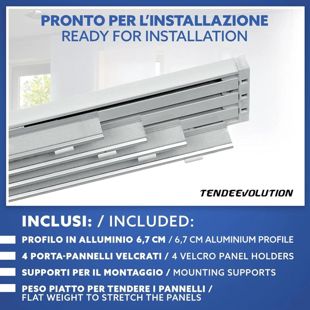 Bastone per Tende A Pannello Comando a Corda Apertura a destra, Binario a 4 vie con portapannelli da 65 CM, Attacco Parete Lunghezza 240 CM