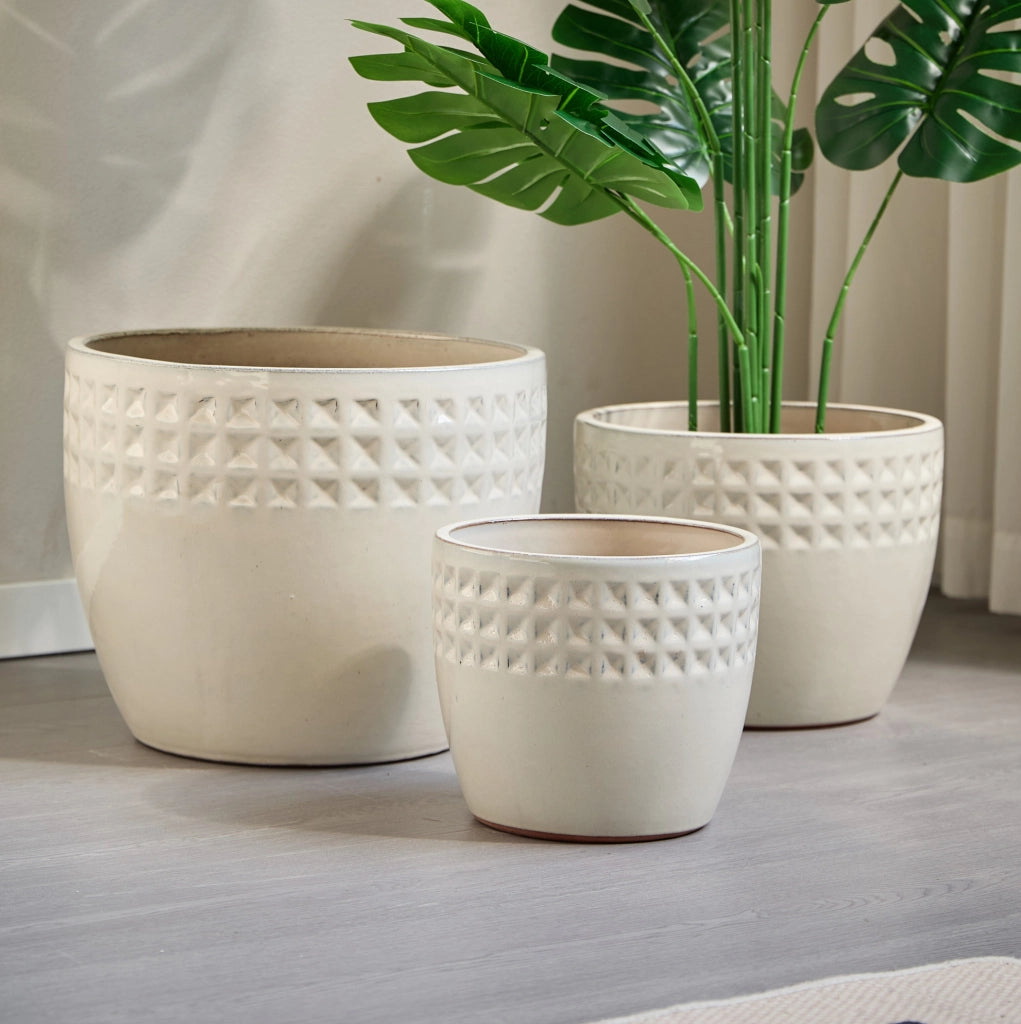 Set di 3 vasi in ceramica fatti a mano, smalto lucido crema con rilievo a cialda triangolare, Ø 38/30,5/23 cm, con foro di drenaggio, resistenti al gelo per interno e balcone