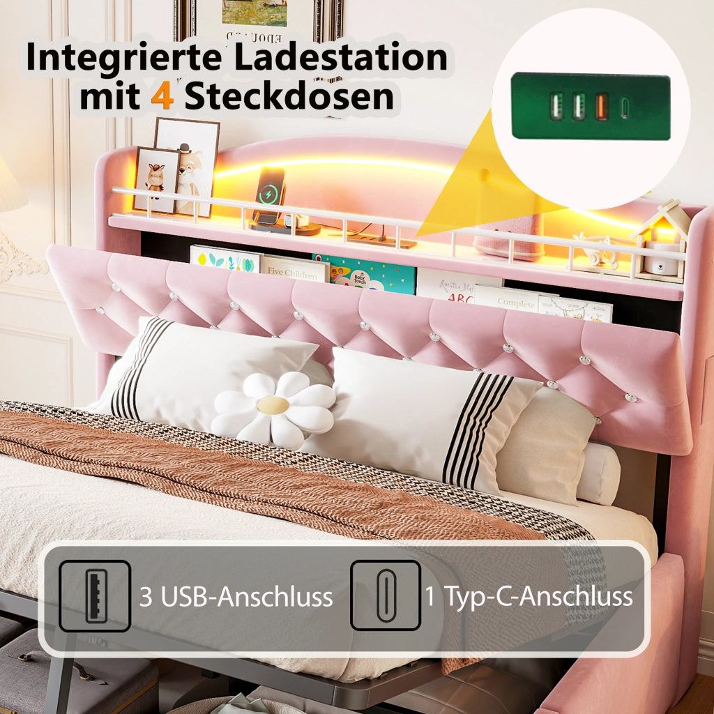 Letto contenitore 140 × 200 cm con sollevamento idraulico testiera in velluto rosa LED USB e USB-C struttura metallica