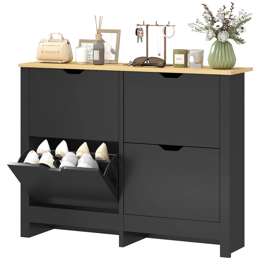 Scarpiera 16 paia con 4 cassetti e ripiani regolabili ¨C Minimal ¨C Nero e legno naturale