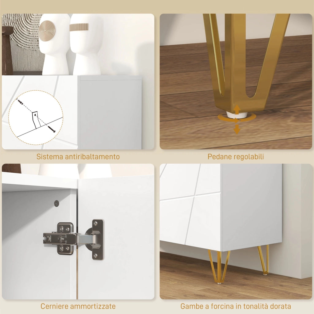 Credenza Moderna Mobile Contenitore per Casa con 2 Armadietti Ripiani Regolabili in Truciolato e Metallo 120x40x75 cm Bianco e Oro
