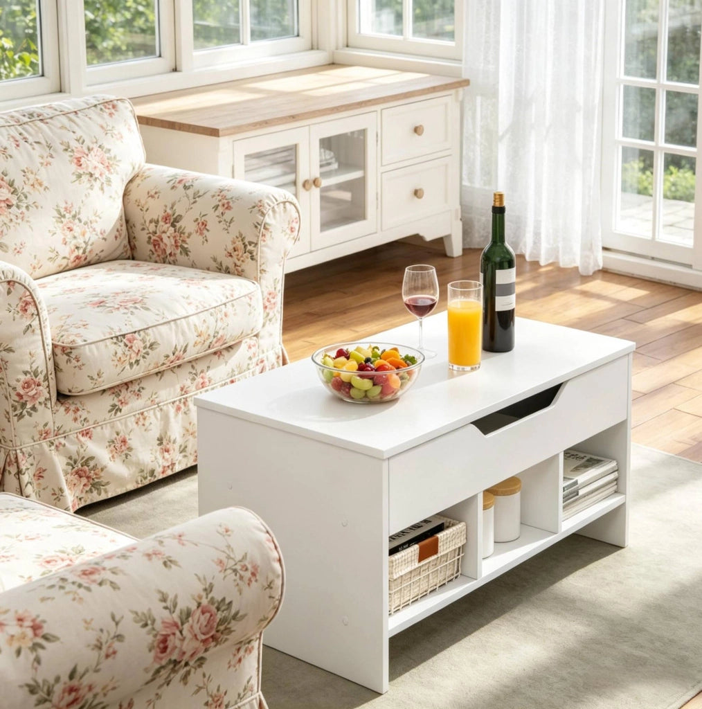 Tavolino Trasformabile Multifunzionale in Legno Bianco 96x45x51 cm con Piano Ribaltabile