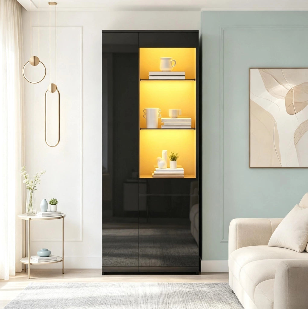 Vetrina 70x35x180 cm con LED controllabile via app; 2 ante e cassetto; nera