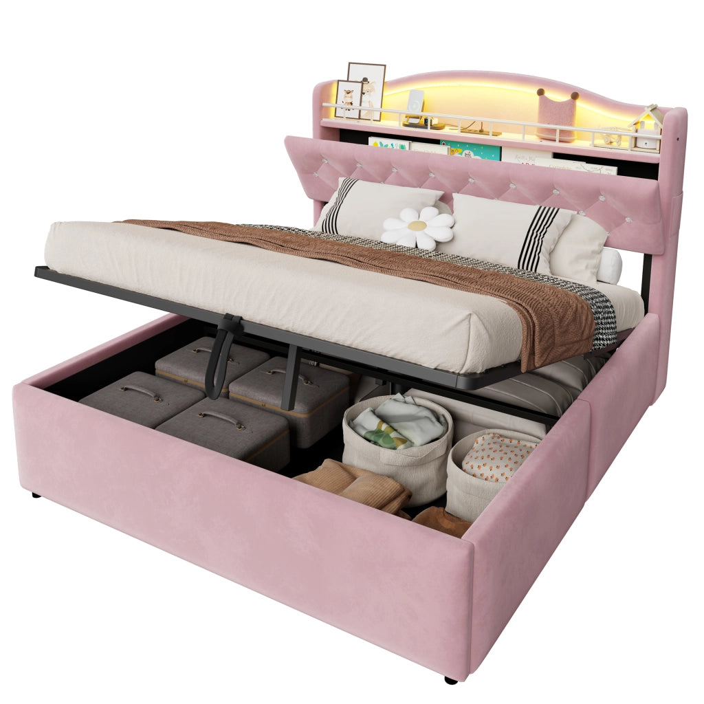 Letto Matrimoniale Contenitore 140x200 cm in Velluto Rosa con Testiera LED; Prese USB/USB-C e Rete a Doghe in Metallo