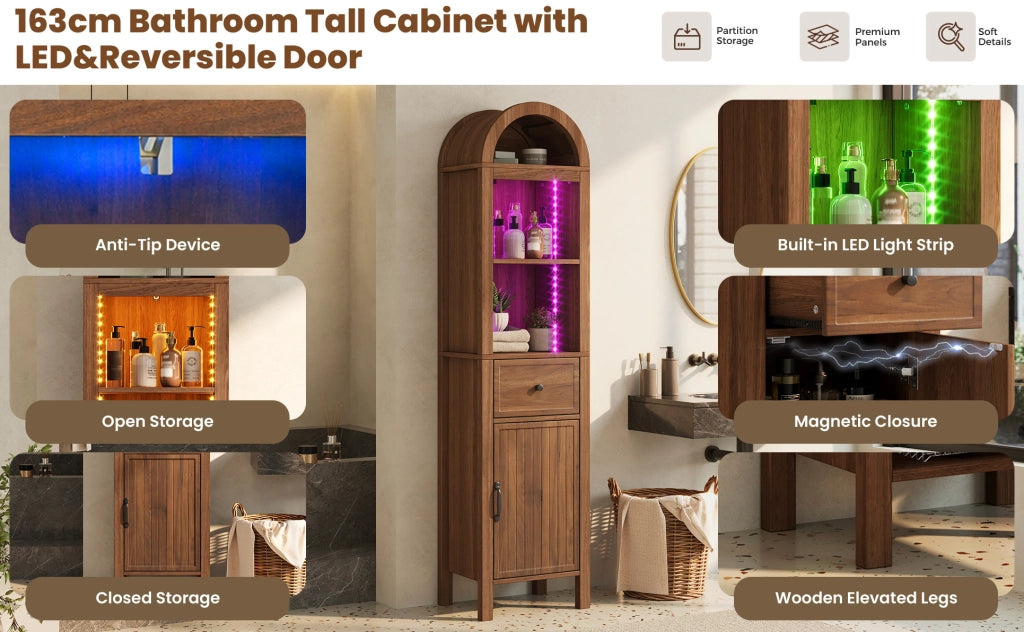 Mobile bagno alto 163 cm con LED RGB, ante reversibili, cassetto, chiusura soft-close, finitura noce 40×30×163 cm