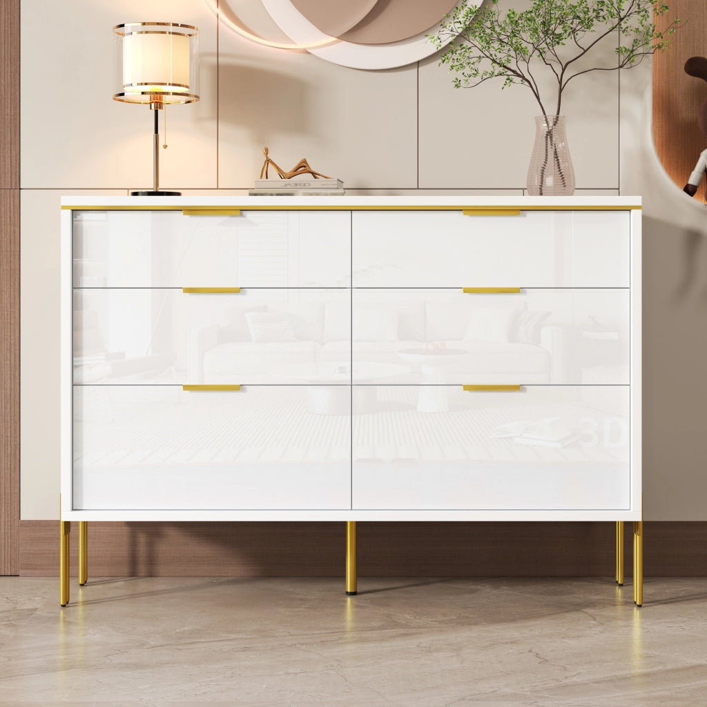Credenza 120x40x85,5 cm con 6 cassetti in truciolare bianco e oro