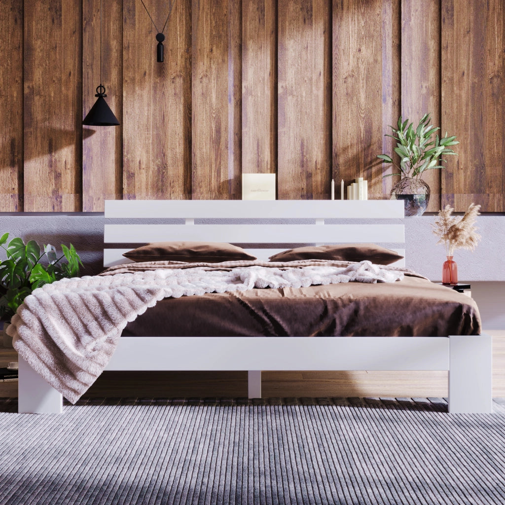 Letto matrimoniale 140 × 200 cm con testiera e rete a doghe in legno bianco portata massima 150 kg