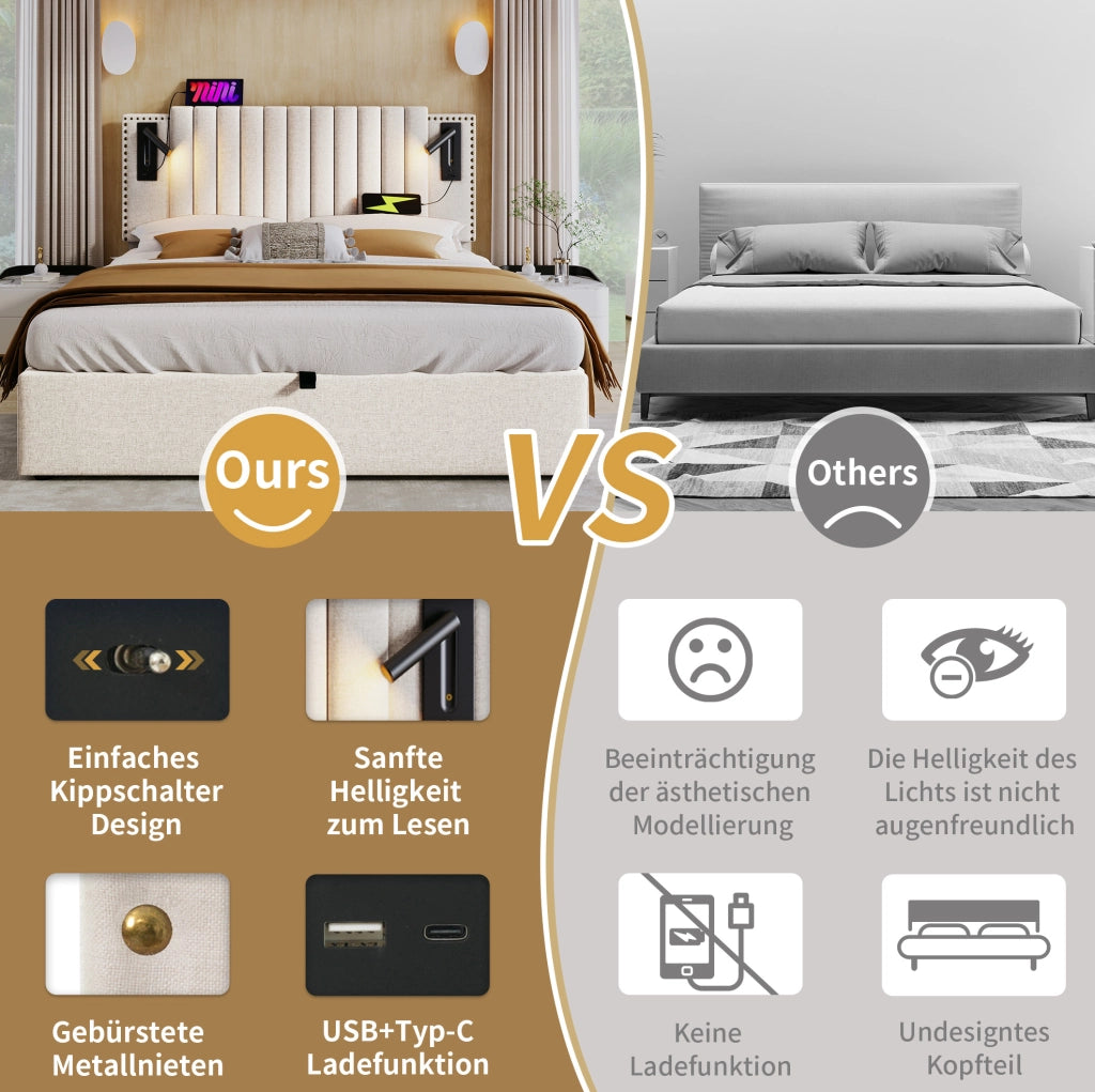 Letto matrimoniale imbottito beige 180x200 cm con contenitore, luce da lettura USB e struttura in cotone