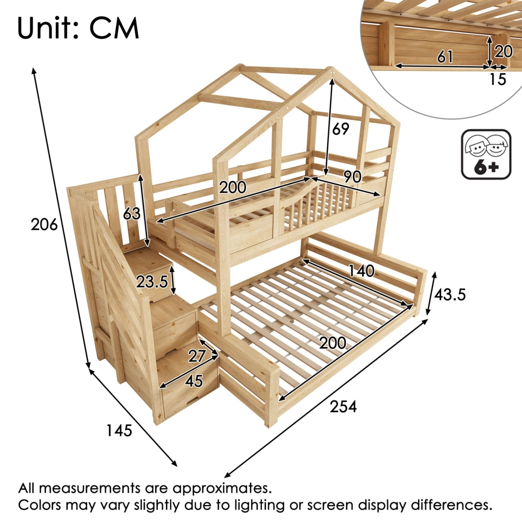 Letto a castello per bambini in legno naturale con scala e guardaroba integrato 90x200/140x200 cm, design sicuro e funzionale