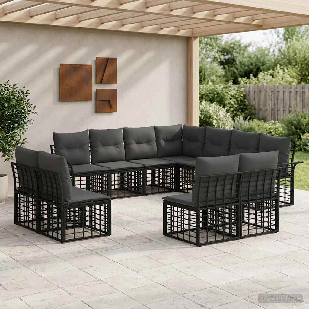 Set di divani da esterno 11 pz Nero e Grigio scuro Poliestere 3437711