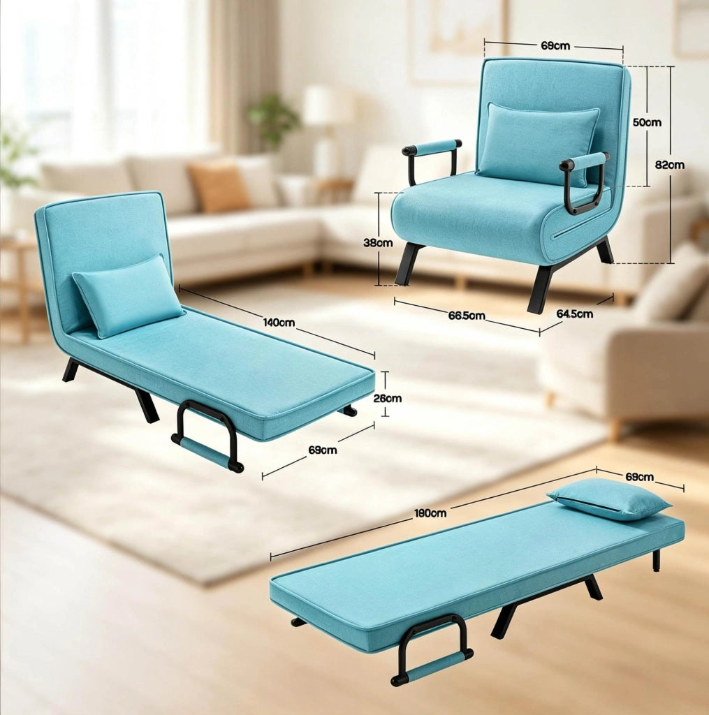 Sedia Pieghevole con Funzione Letto, Divano Cabriolet Multifunzionale in Tessuto Blu 80x74x82 cm