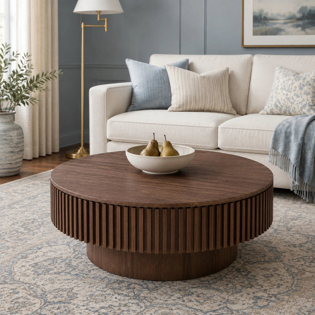 Tavolino rotondo 75 cm con contenitore, MDF e impiallacciatura in noce, moderno