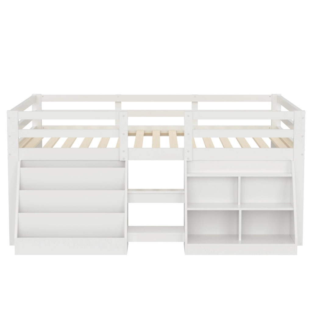 Letto a Soppalco 140x200 cm in legno di pino con LED; Ripiani; Sponde di Sicurezza Bianco