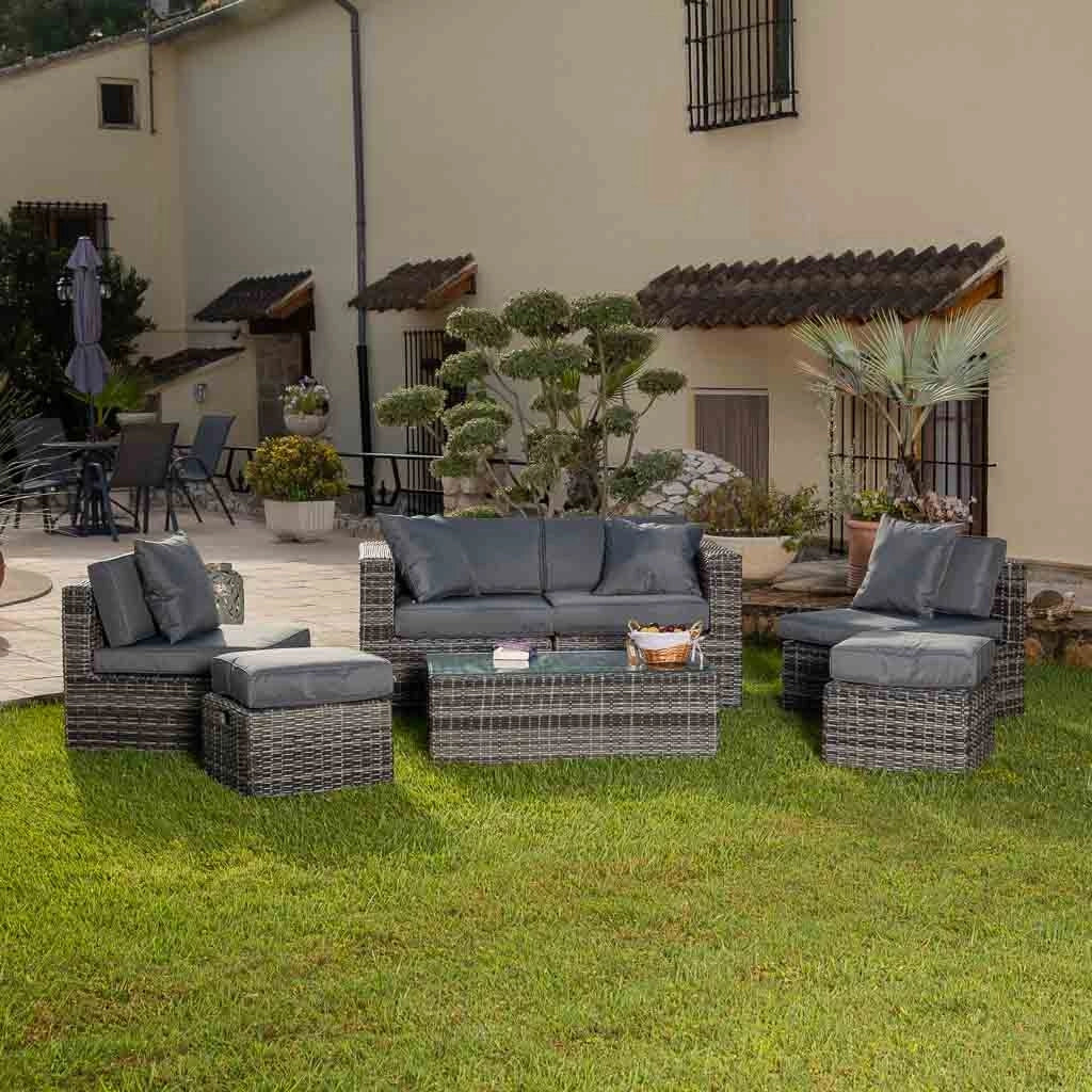 Set tavolo grigio, divano, 2 poltrone e 2 poggiapiedi