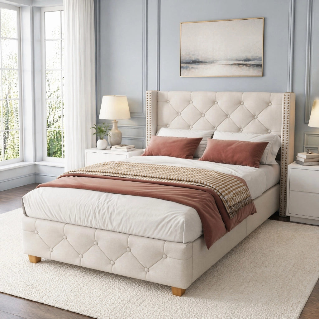 Letto imbottito 90x200 cm con testiera, rete a doghe e finitura beige