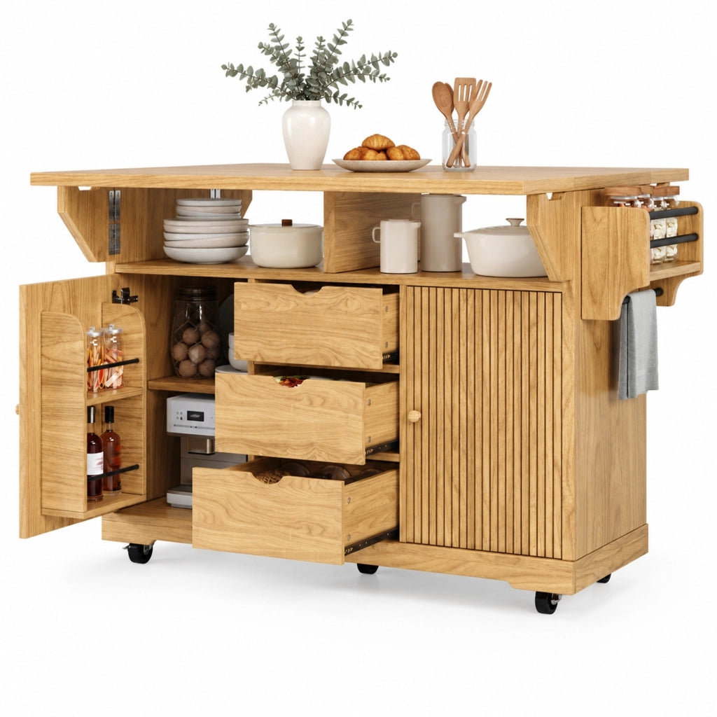 Carrello da cucina con piani ribaltabili 142,5x80x95 cm in MDF e metallo marrone