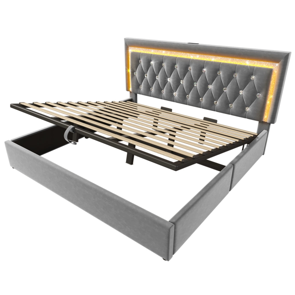 Letto matrimoniale 180x200 cm in velluto con LED, porte USB e USB-C, grigio
