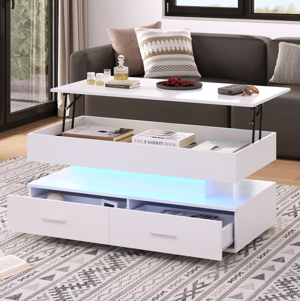 Tavolino da caffè bianco 100x50x44 cm con alzata idraulica, LED integrato, Bluetooth, 2 cassetti e vano aperto