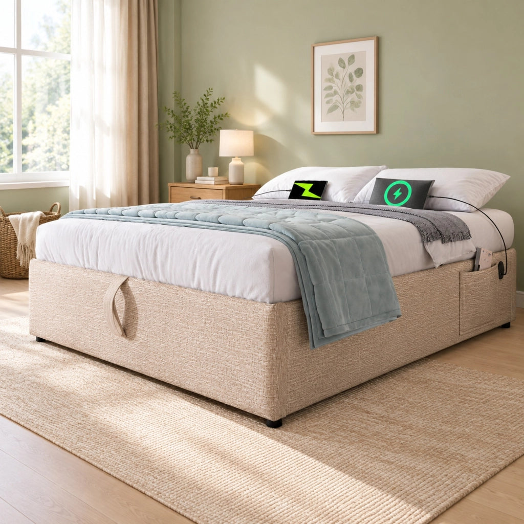 Letto matrimoniale contenitore 160x200 cm senza testiera in lino beige e naturale con USB-C HOMVRA