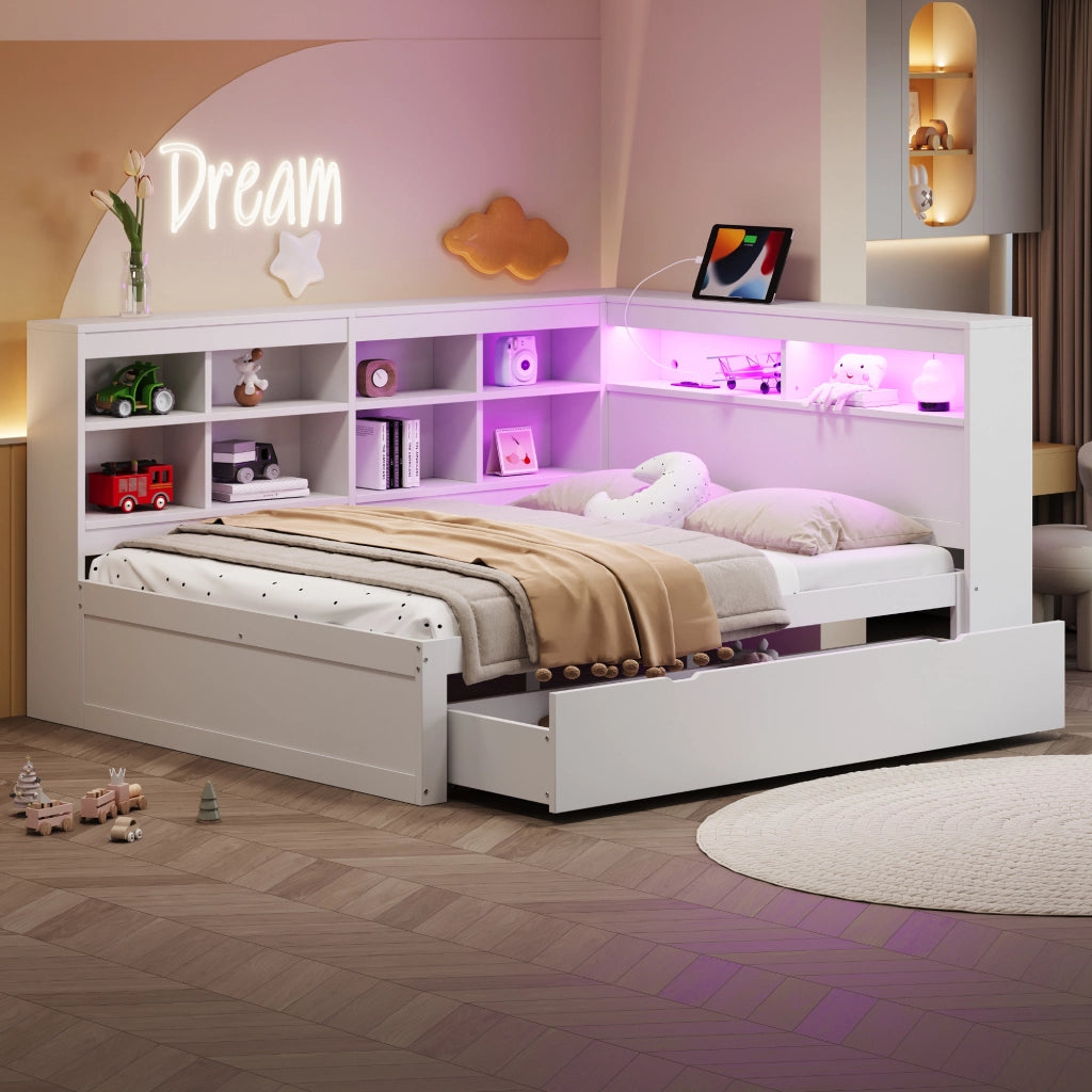 Letto contenitore matrimoniale 140×200 cm con USB; LED; ripiani e cassetti; senza materasso; legno; bianco