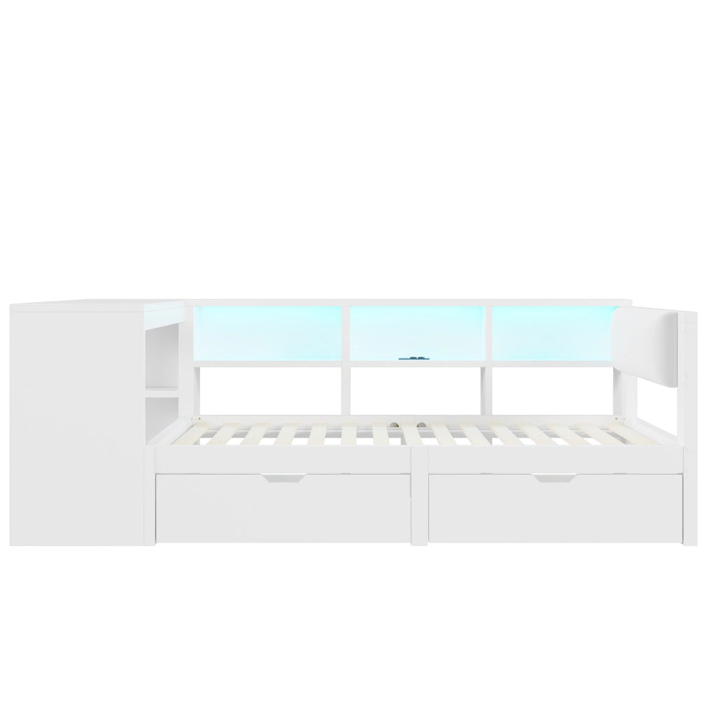Letto piattaforma 90x200 cm con 2 cassetti; ripiani; prese USB e LED; bianco