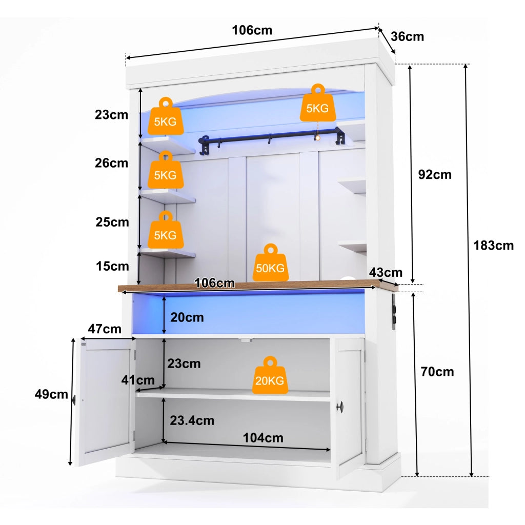 Credenza da cucina alta con ripiani aperti, ganci, LED e prese laterali per cucina, MDF bianco, 106 × 43 × 183 cm