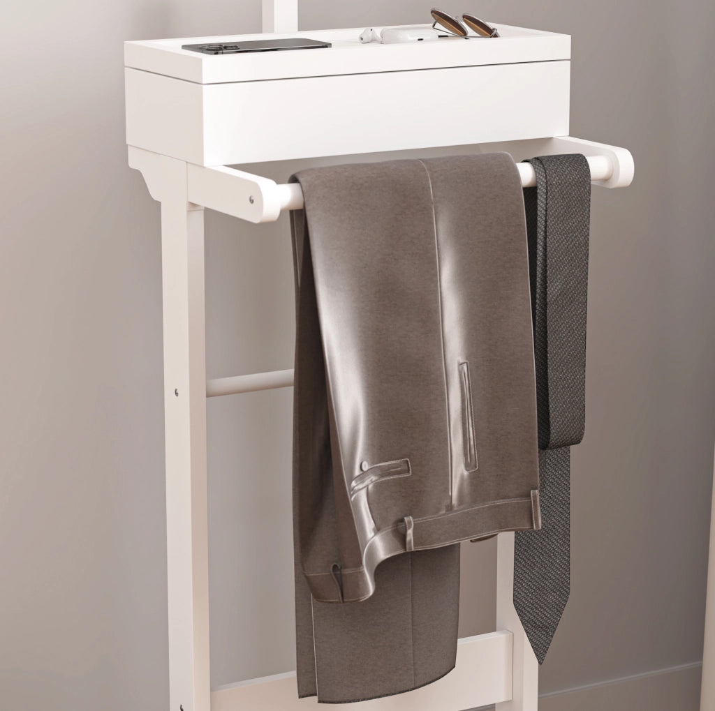 Appendiabiti verticale in MDF bianco con cassetto estraibile e spazio per scarpe