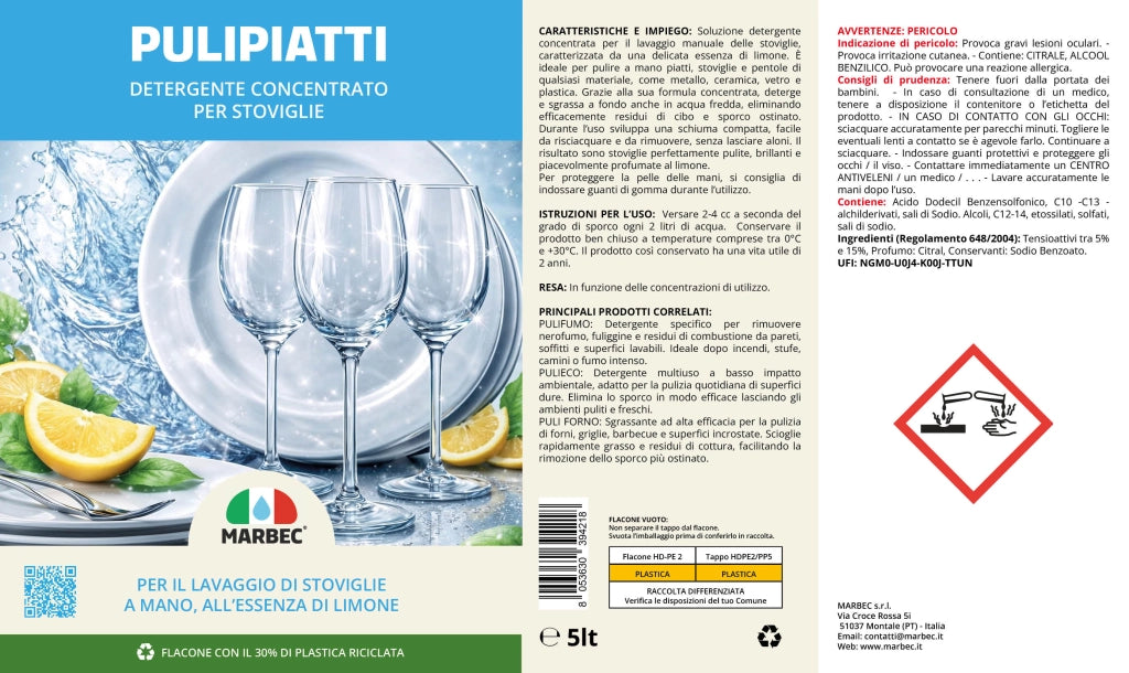 Detergente Piatti Concentrato, Sgrassa a Freddo, Risciacquo Rapido, Profumo Limone Marbec PULIPIATTI - 5LT