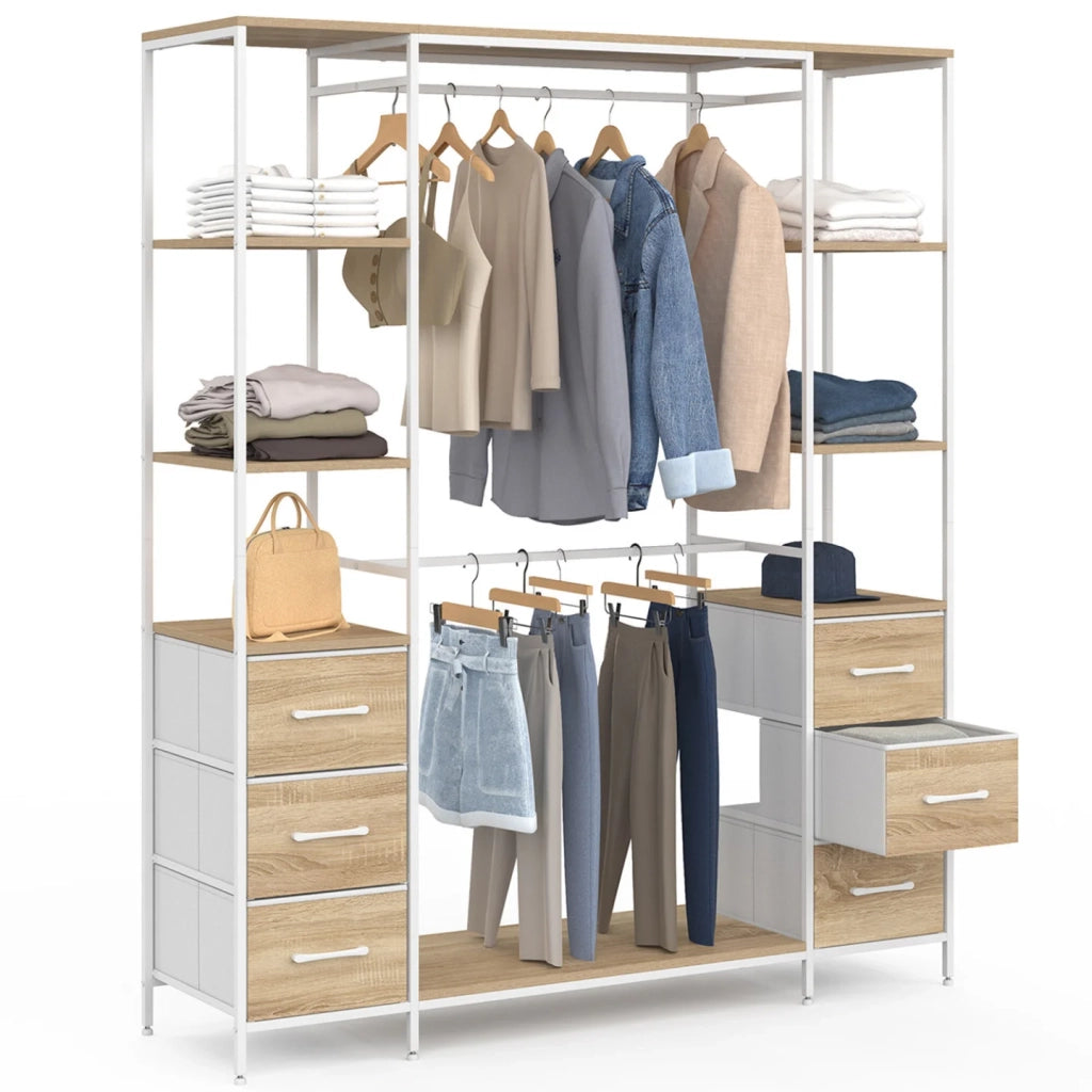 IDMarket - Armadio doppio UTAH + colonna doppia L. 140 cm con 6 ripiani e 6 cestini in legno e tessuto bianco