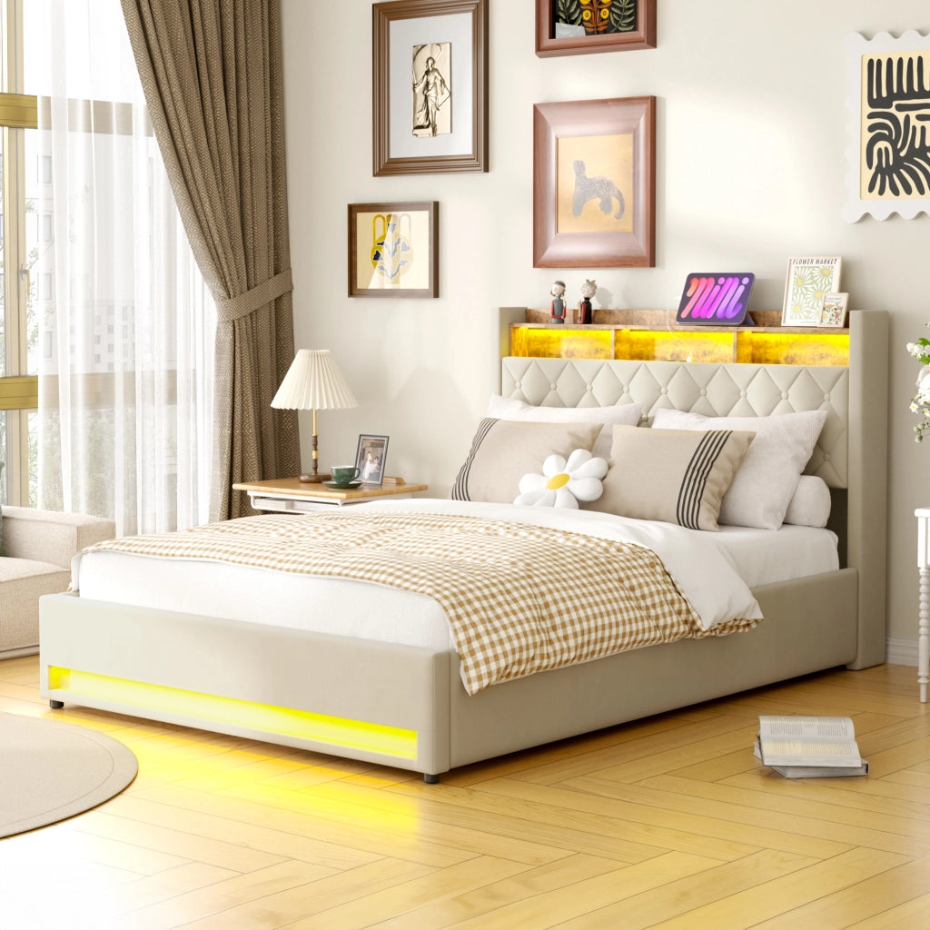 Letto contenitore imbottito 160x200 cm con luce LED; presa elettrica e porta USB; velluto; beige; senza materasso