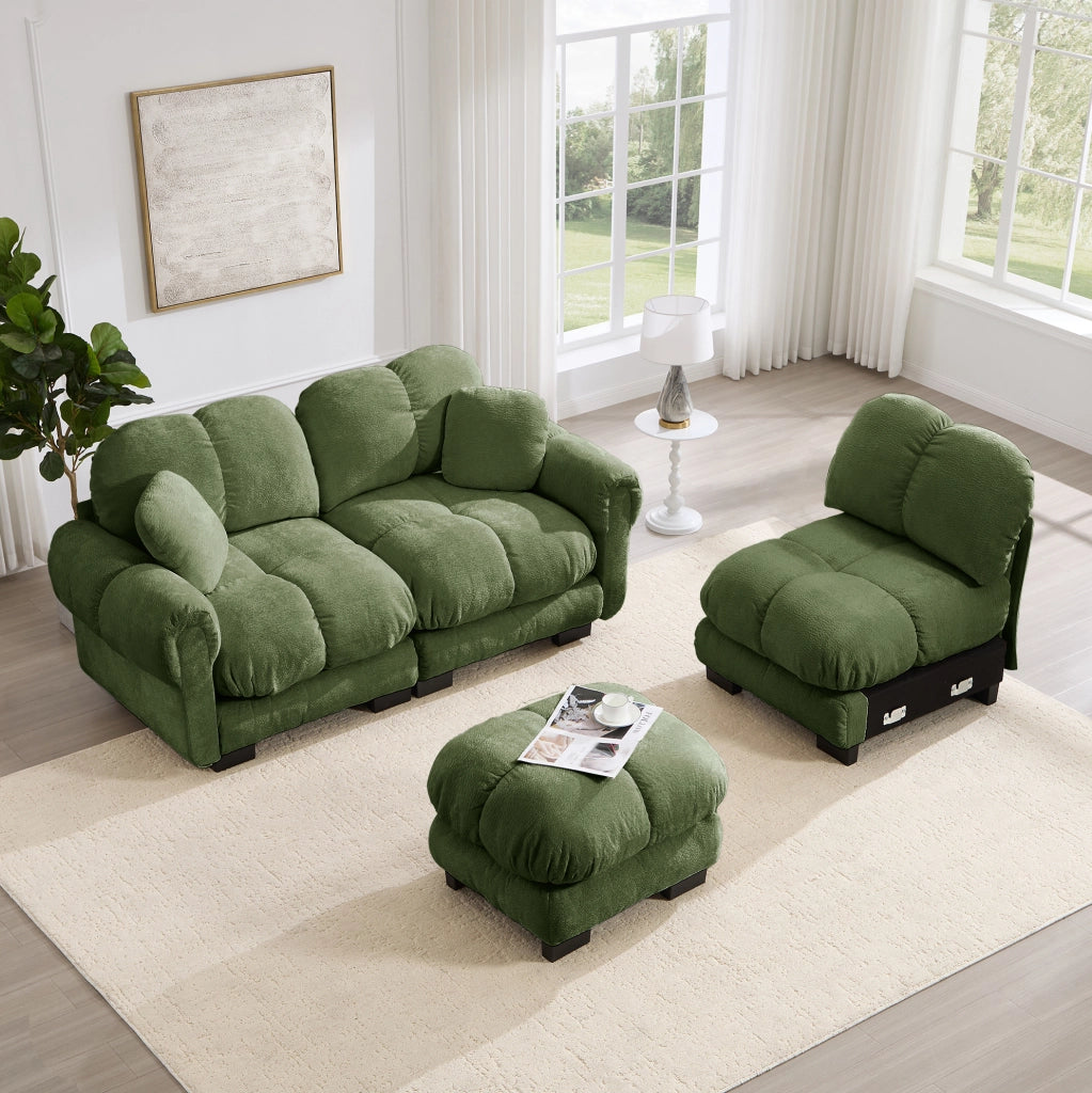 Divano angolare ULEVR 260x149x90 cm con pouf mobile e cuscini trapuntati in ciniglia verde