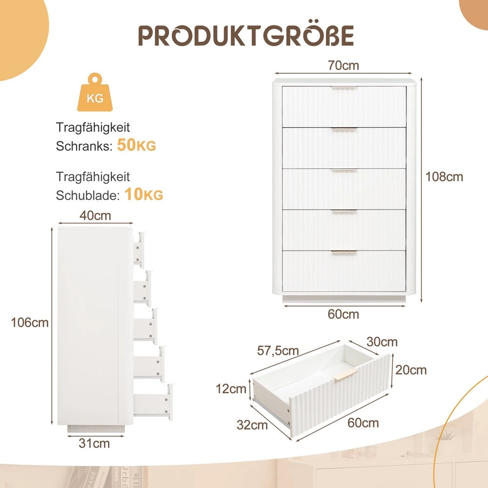 Cassettiera 5 Cassetti ¨C MINIMAL ¨C Bianco, MDF, Maniglie in Metallo