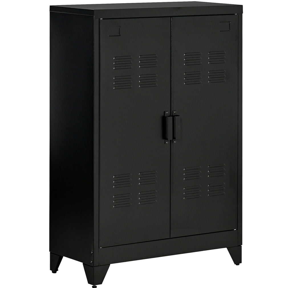 Armadio contenitore in metallo nero con ante a lamelle e 2 ripiani regolabili; 75x33x110 cm