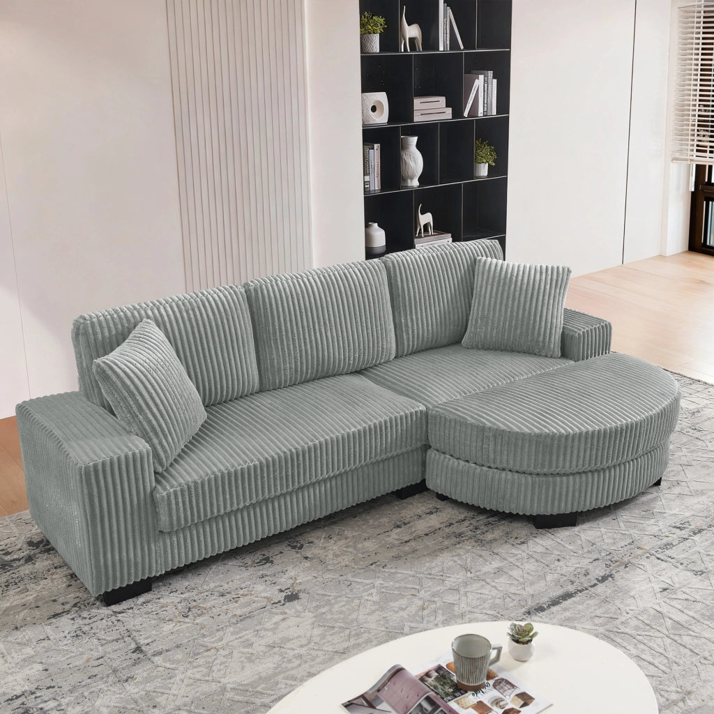 Divano angolare modulare da 256;5?x?133;5?x?89?cm 4 posti a coste; con pouf ovale e 2 cuscini incluso; velluto; grigio