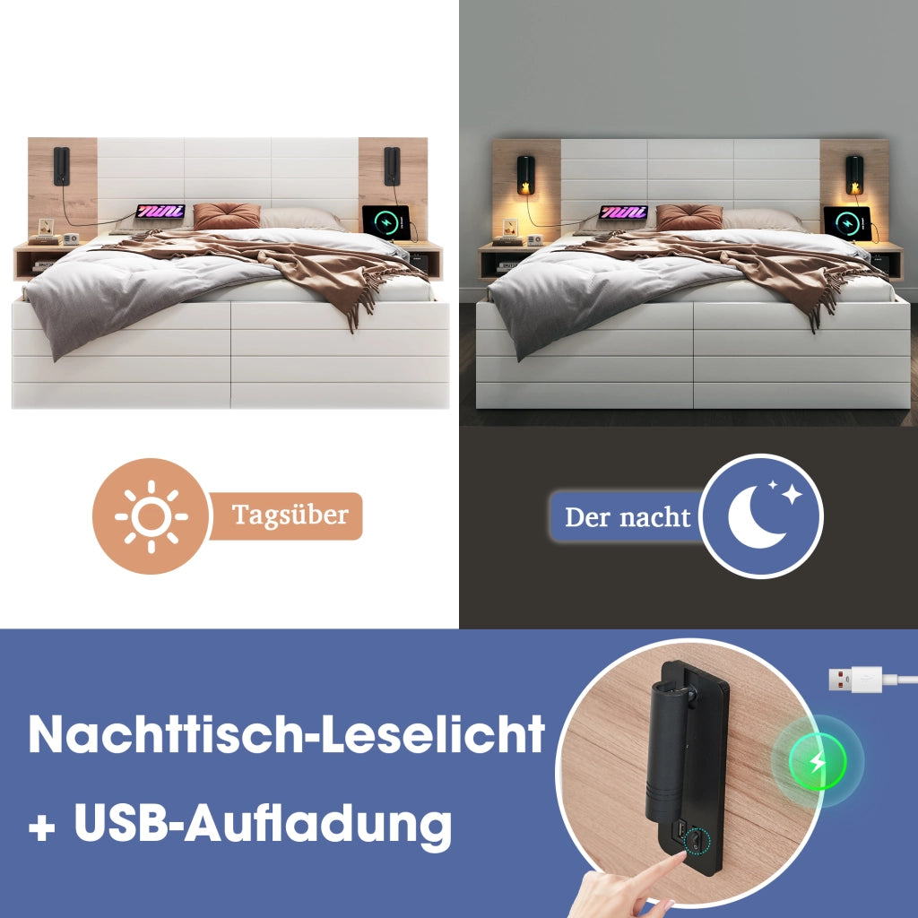 Set Camera da Letto 180x200 cm con 2 Comodini; Luci da Lettura; USB; White + Light Oak