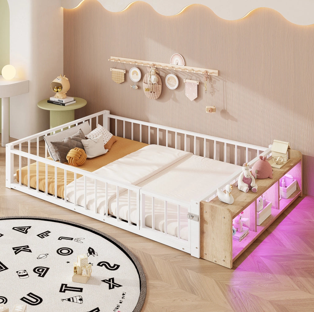 Letto in metallo 140x200 cm con vano aperto, luce LED e sponda di protezione