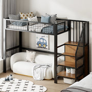 Letto alto per bambini 90 x 200 cm in metallo nero con scala; armadio e sponde a rete
