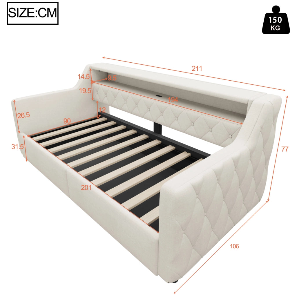 Letto contenitore 90 × 200 cm con vano idraulico LED; testiera sospesa USB e USB-C; lino e MDF beige