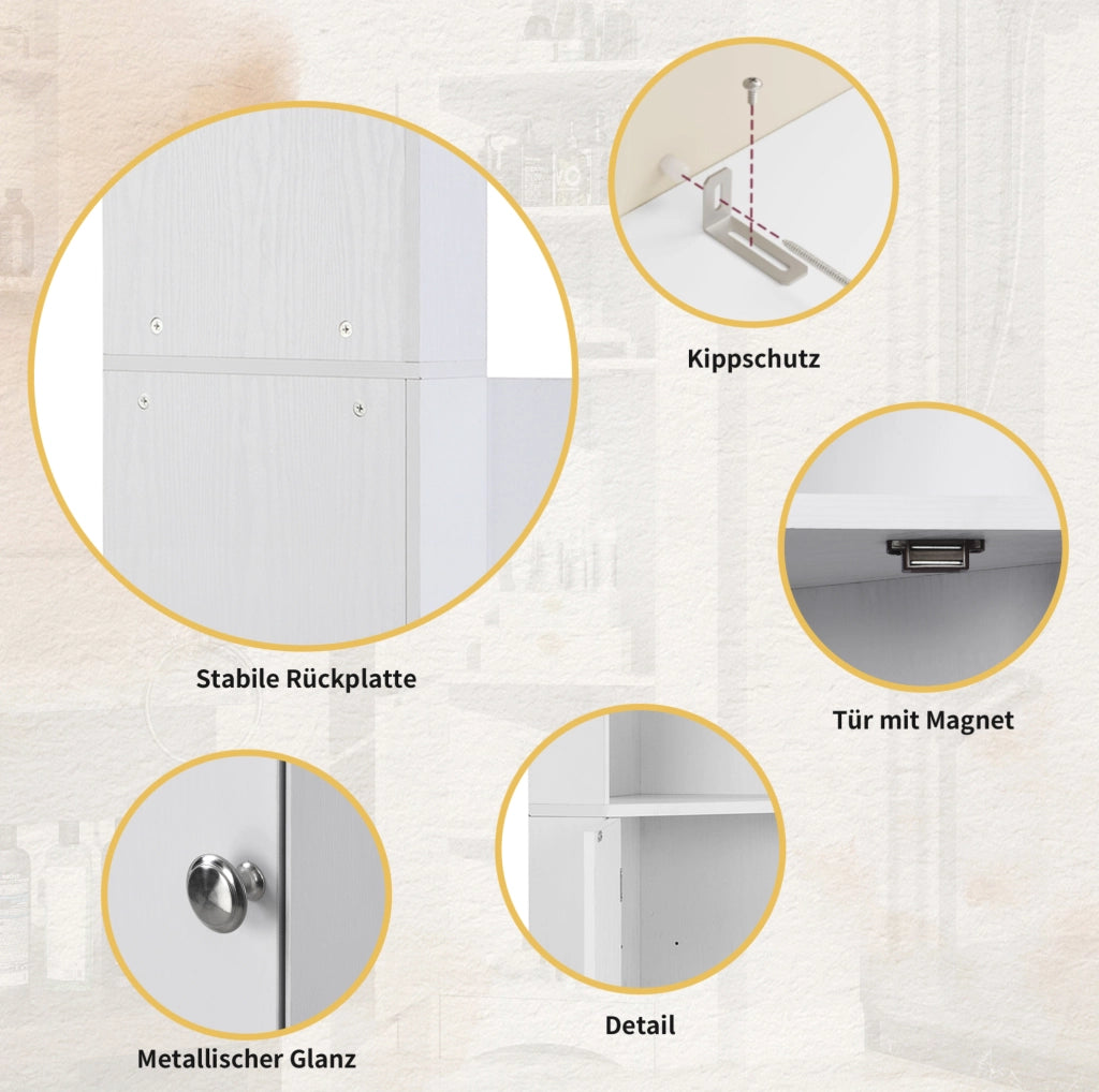 Armadio angolare da bagno bianco con ripiani aperti