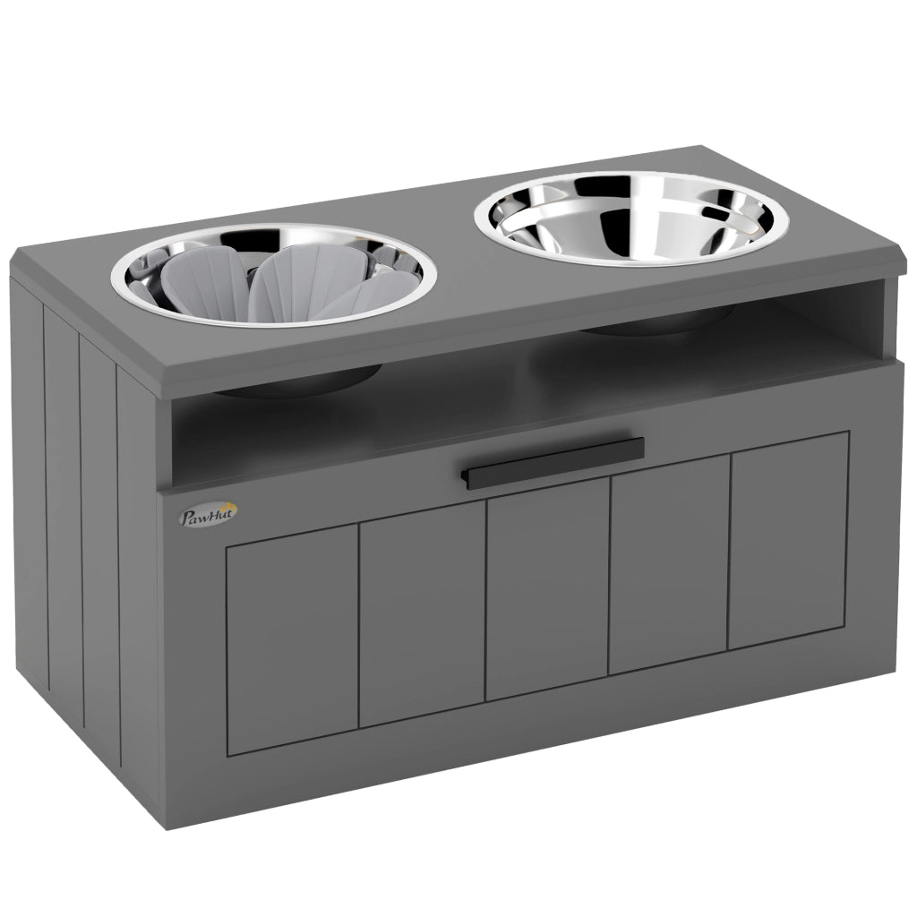 Ciotole per cani, stazione di alimentazione rialzata con 2 ciotole in acciaio inox, tappetino anti-inghiottimento, supporto per ciotole con vano