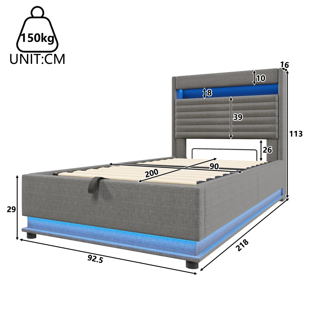 Letto imbottito con USB-C, LED e contenitore idraulico, 90x200 cm, grigio