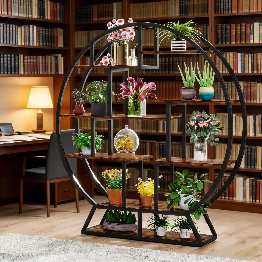 Scaffalatura per piante a 8 ripiani rotonda in metallo e pannelli truciolari nero marrone 150 × 30 × 158 cm