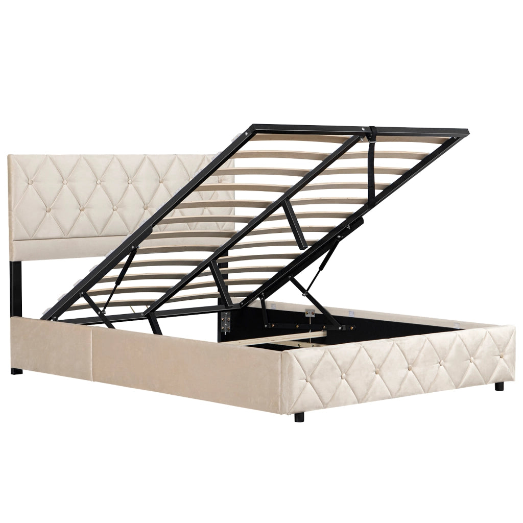Letto matrimoniale imbottito in velluto beige 160 × 200 cm
