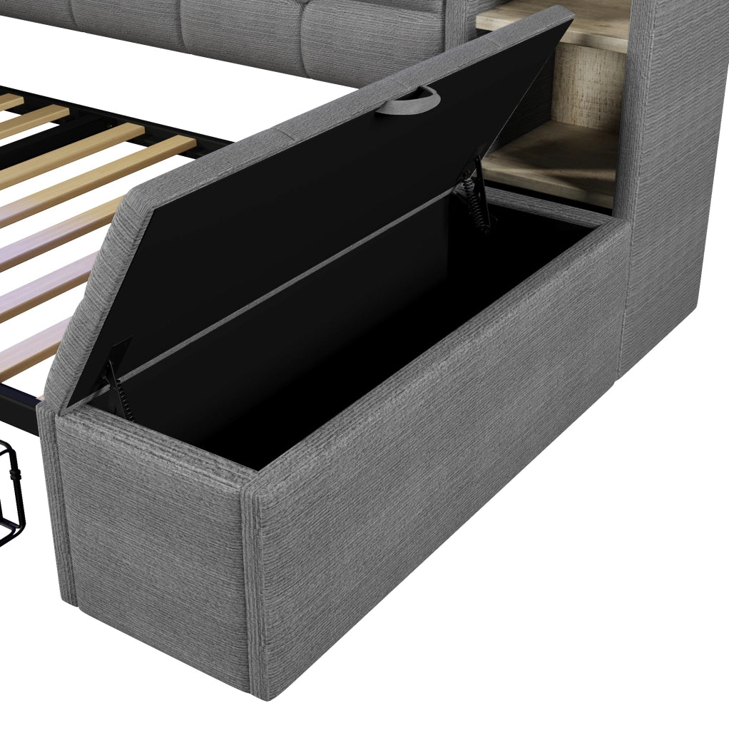 Divano letto in velluto 90x190 cm con 2 cassetti; LED; USB e Type-C; grigio scuro