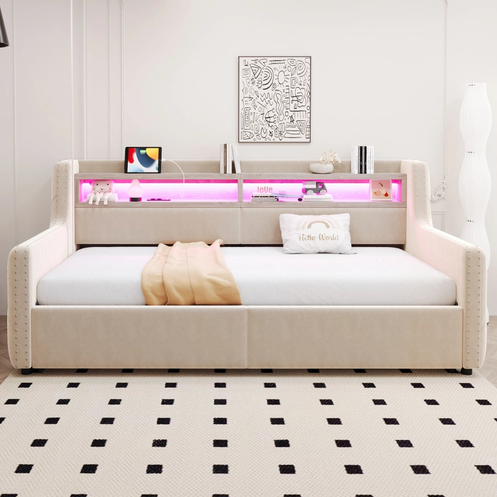 Divano letto imbottito con LED, prese e contenitore, 90x200 cm, beige