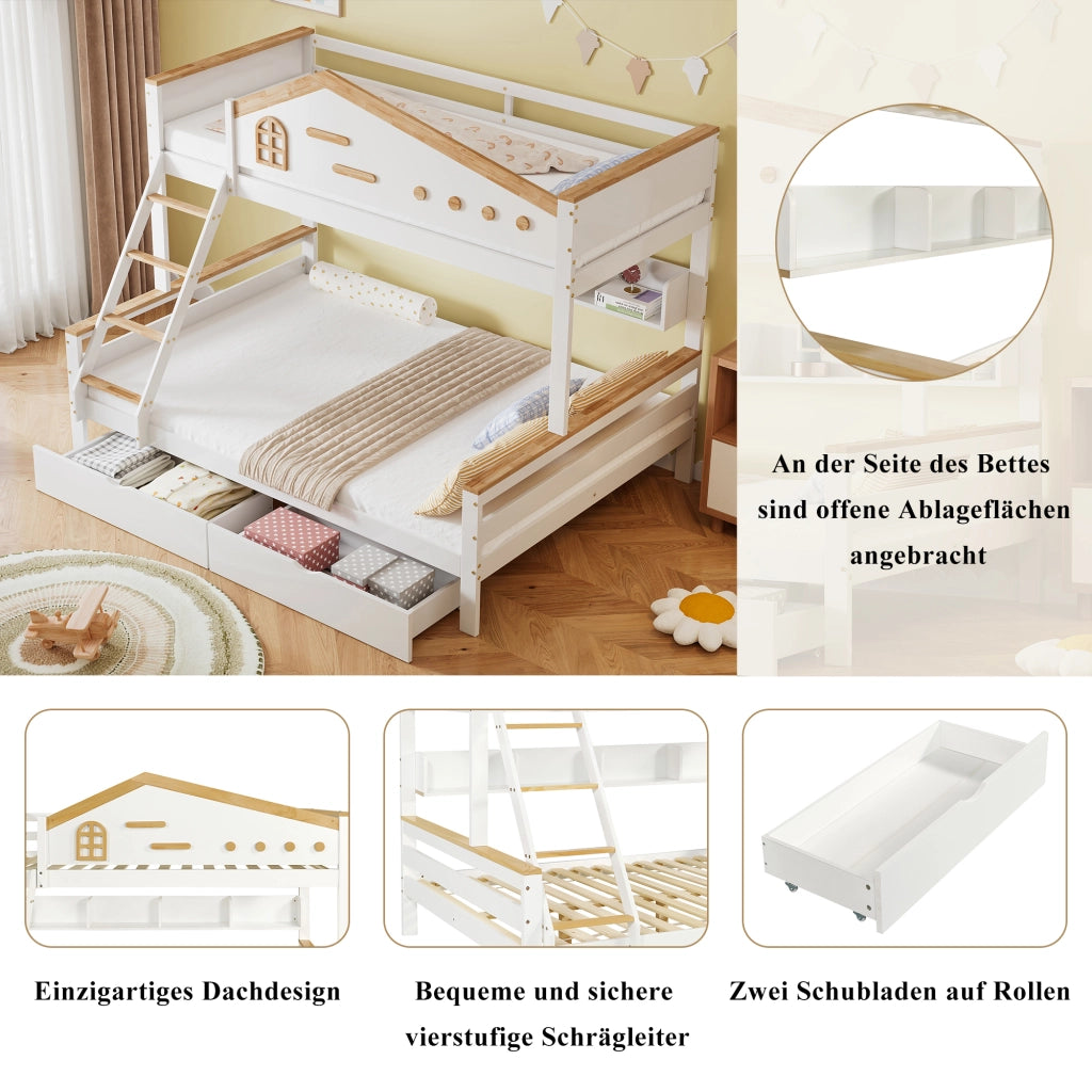 Letto a castello per bambini in pino e MDF bianco e naturale con due cassetti; finestrella e scaletta; 90x200 e 140x200 cm
